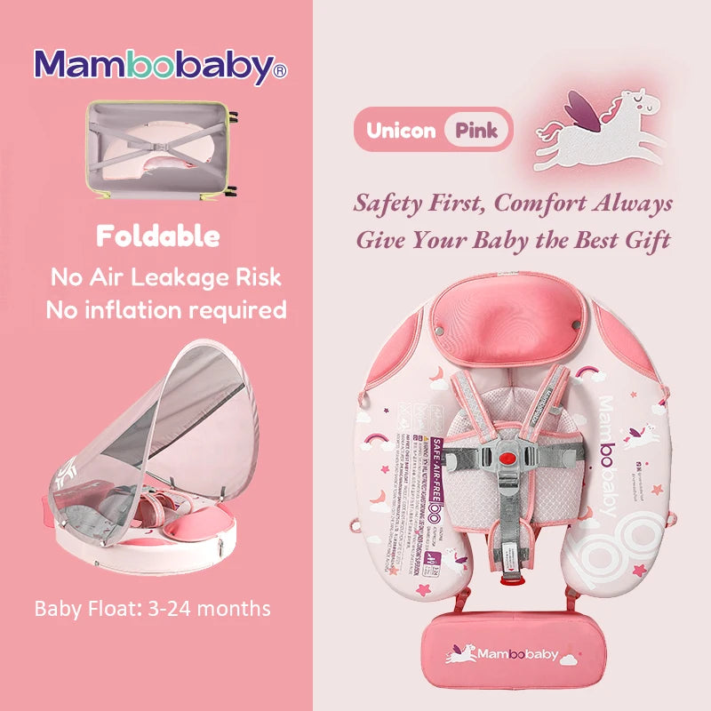 Mambobaby Baby foldable Float Inflatable Free With Sun Canopy Safe Crotch Strap Swimming Ring Pool Swim Tube Bath Toy Kid Circle