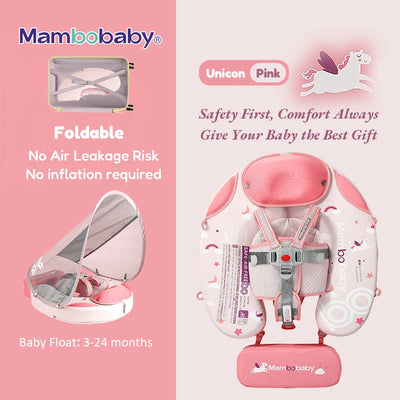Mambobaby Baby foldable Float Inflatable Free With Sun Canopy Safe Crotch Strap Swimming Ring Pool Swim Tube Bath Toy Kid Circle