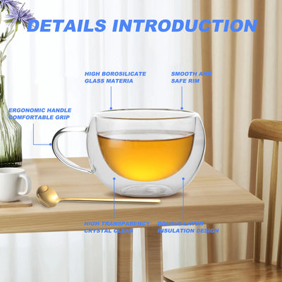 Coffee Mugs with Handle, Double Wall Insulated Glass Tea Cups, 8.7oz Clear Insulated Glass Coffee Mug, Heat Resistant Coffee Cup