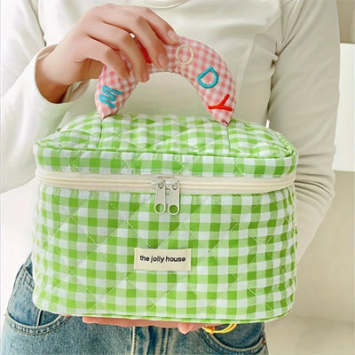1PC CUTE COLOR CONTRAST CHECK BUCKET MAKEUP BAG FOR LADIES OUTDOOR TRAVEL COSMETIC STORAGE POUCH