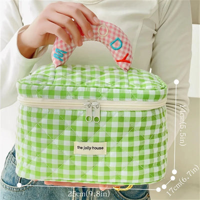 1PC CUTE COLOR CONTRAST CHECK BUCKET MAKEUP BAG FOR LADIES OUTDOOR TRAVEL COSMETIC STORAGE POUCH
