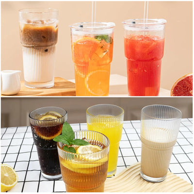 Green & White 600ml Glass Cups with Lids and Straws,Vertical Striped Iced Coffee Cups with Sponge Brush,Reusable Drinkware
