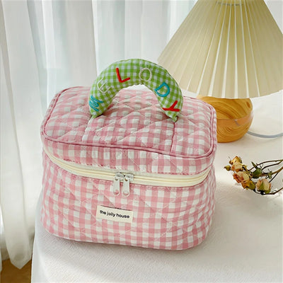 1PC CUTE COLOR CONTRAST CHECK BUCKET MAKEUP BAG FOR LADIES OUTDOOR TRAVEL COSMETIC STORAGE POUCH