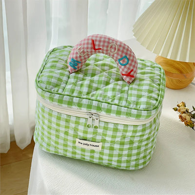 1PC CUTE COLOR CONTRAST CHECK BUCKET MAKEUP BAG FOR LADIES OUTDOOR TRAVEL COSMETIC STORAGE POUCH