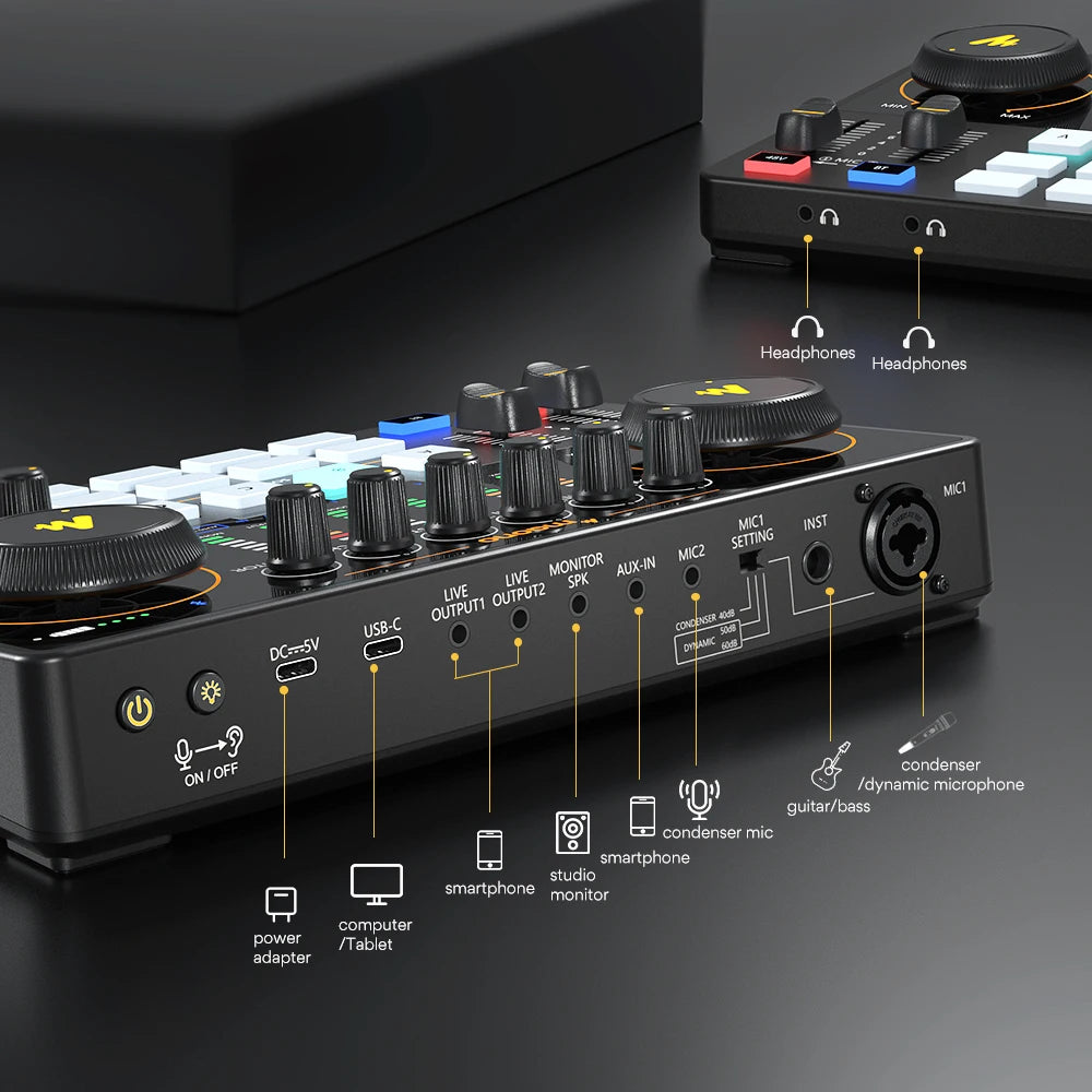 Maono AME2 Audio Interface Sound Card DJ Mixer All in One Portable Podcast Studio for Recording,Live Streaming,Youtube,Guitar,PC