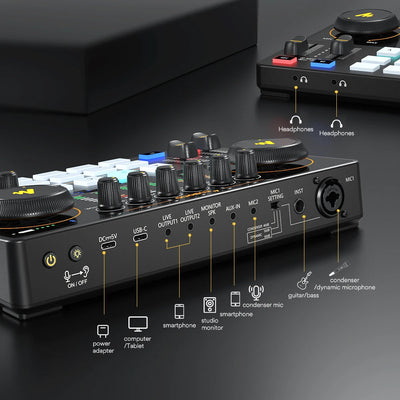 Maono AME2 Audio Interface Sound Card DJ Mixer All in One Portable Podcast Studio for Recording,Live Streaming,Youtube,Guitar,PC