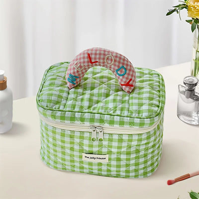 1PC CUTE COLOR CONTRAST CHECK BUCKET MAKEUP BAG FOR LADIES OUTDOOR TRAVEL COSMETIC STORAGE POUCH
