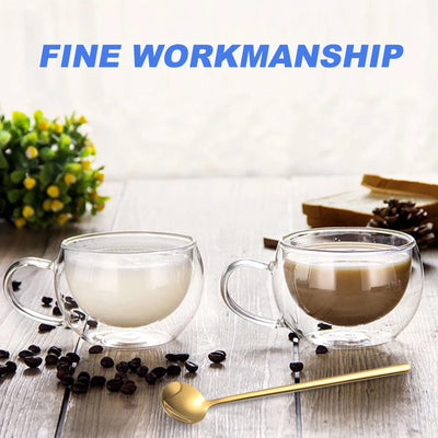Coffee Mugs with Handle, Double Wall Insulated Glass Tea Cups, 8.7oz Clear Insulated Glass Coffee Mug, Heat Resistant Coffee Cup