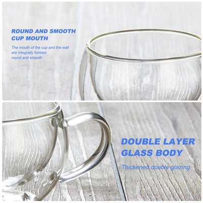 Coffee Mugs with Handle, Double Wall Insulated Glass Tea Cups, 8.7oz Clear Insulated Glass Coffee Mug, Heat Resistant Coffee Cup