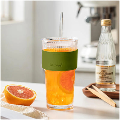 Green & White 600ml Glass Cups with Lids and Straws,Vertical Striped Iced Coffee Cups with Sponge Brush,Reusable Drinkware