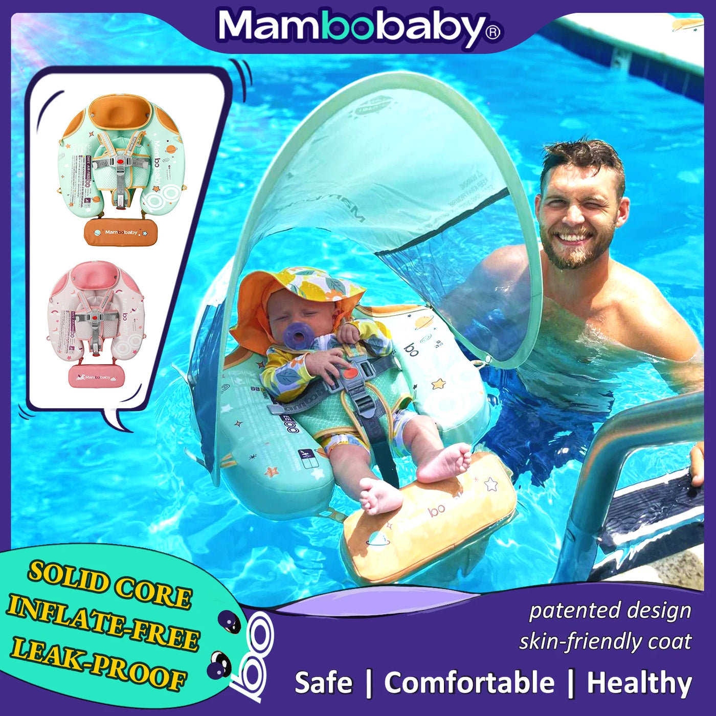 Mambobaby Baby foldable Float Inflatable Free With Sun Canopy Safe Crotch Strap Swimming Ring Pool Swim Tube Bath Toy Kid Circle