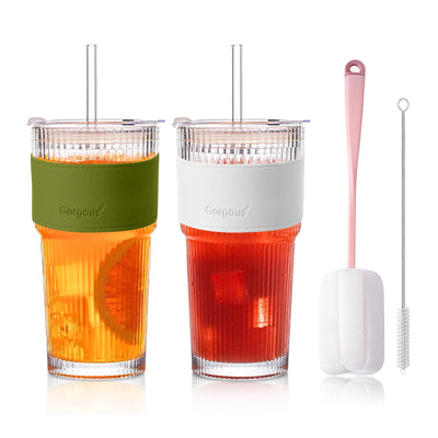 Green & White 600ml Glass Cups with Lids and Straws,Vertical Striped Iced Coffee Cups with Sponge Brush,Reusable Drinkware