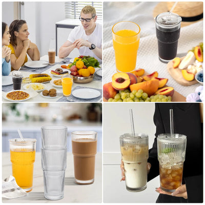 Green & White 600ml Glass Cups with Lids and Straws,Vertical Striped Iced Coffee Cups with Sponge Brush,Reusable Drinkware
