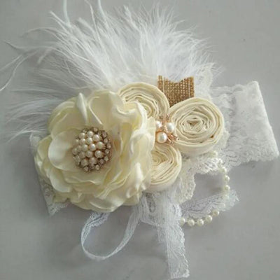 Vintage Flower Headband Baby Girls Headwraps Newborn Photography Props Gifts Lace Elastic Hair Bands Pearl Feather Accessories