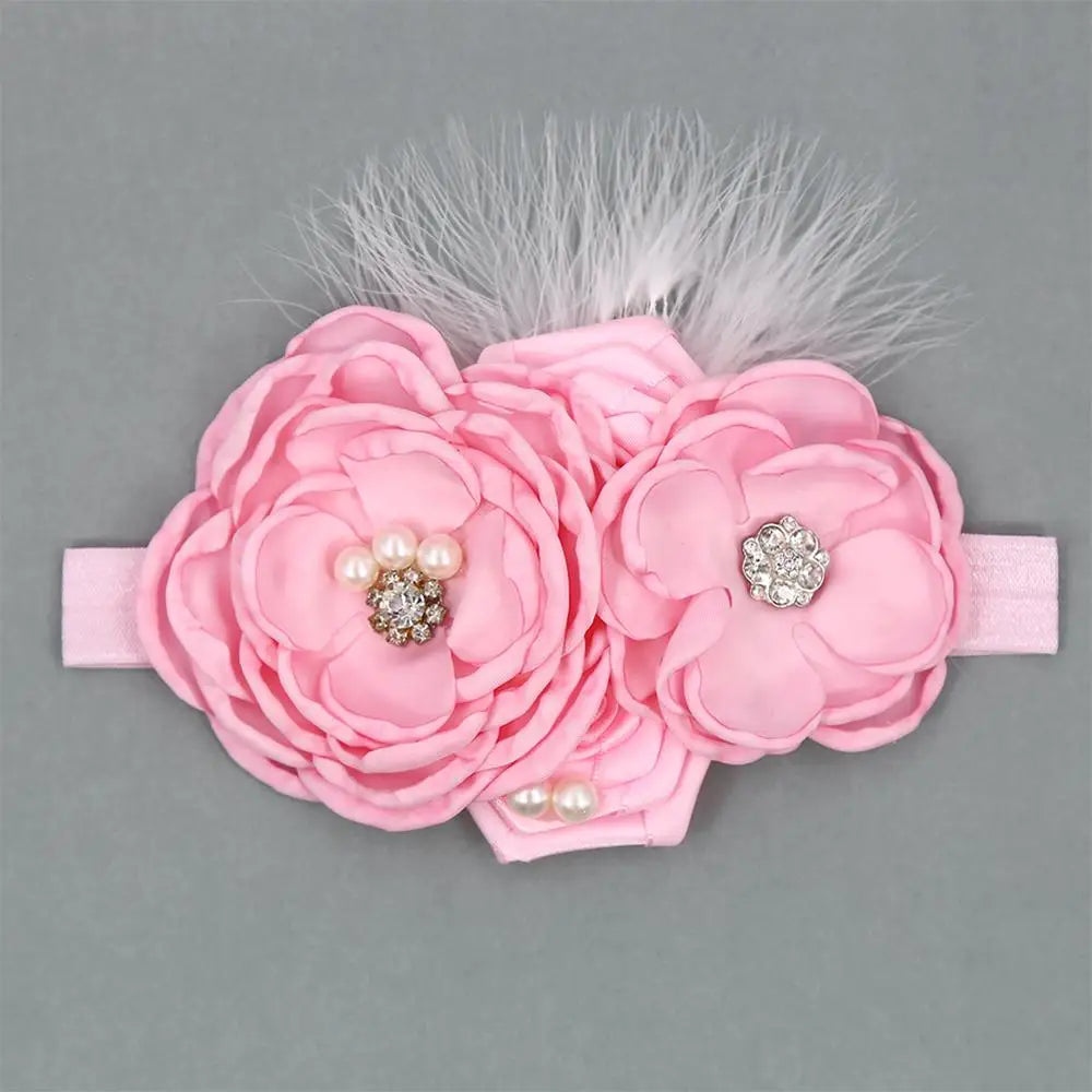 Vintage Flower Headband Baby Girls Headwraps Newborn Photography Props Gifts Lace Elastic Hair Bands Pearl Feather Accessories