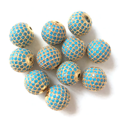 10pcs/Lot 12mm Turquoise Color Disco Ball Spacer Beads for Women Bracelet Making Natural Stone Paved Brass Jewelry DIY Handcraft