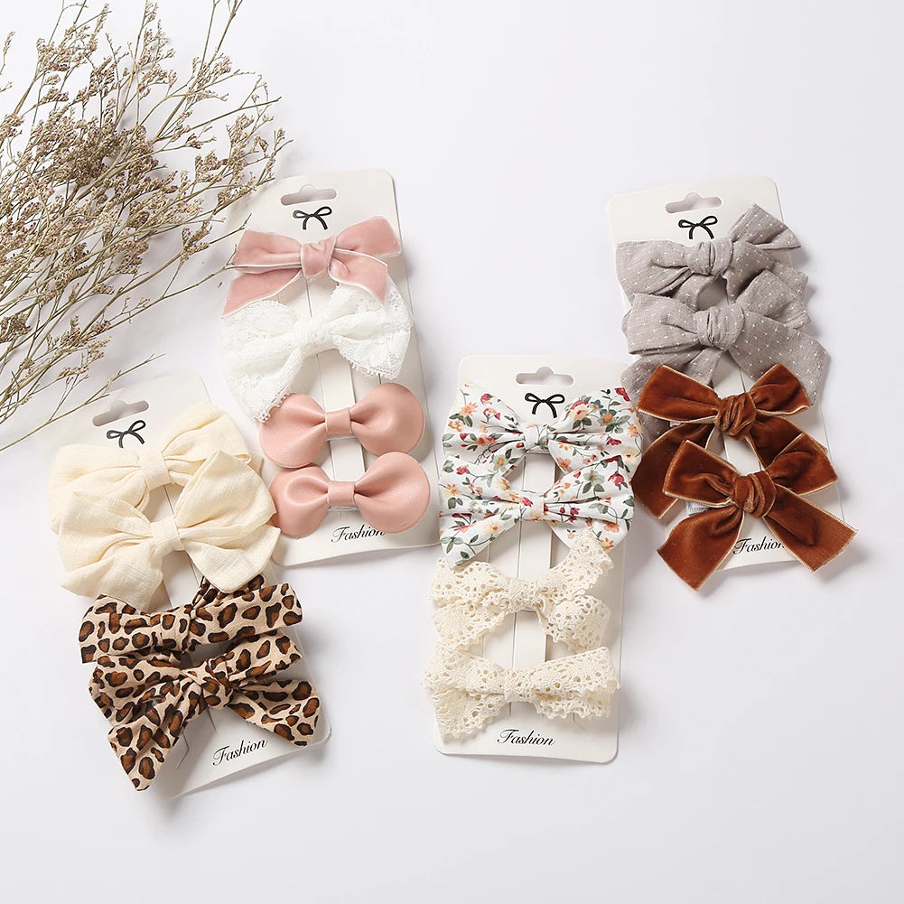 4PCS/SET LEOPARD DOT PRINT BOWKNOT HAIR BOW CLIPS BABY GIRLS LACE COTTON LINEN BARRETTES SAFETY HAIRPINS HEADWEAR ACCESSORIES