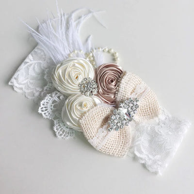 Vintage Flower Headband Baby Girls Headwraps Newborn Photography Props Gifts Lace Elastic Hair Bands Pearl Feather Accessories