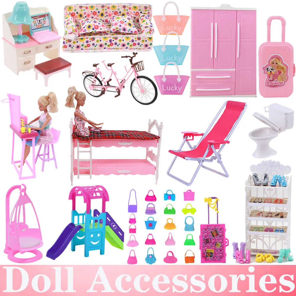 Barbies Mix Style Doll Furniture Wardrobe Bed Chair Sofa Shoe Rack Slide For Barbies Doll Accessories Kelly 1:12 Doll Girl`s Toy