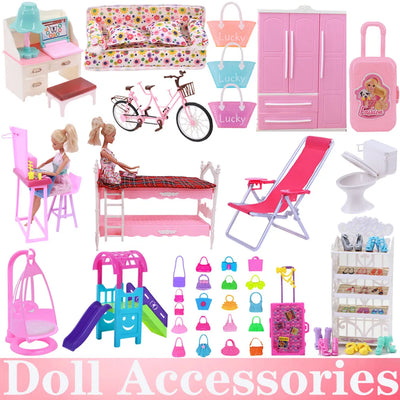 Barbies Mix Style Doll Furniture Wardrobe Bed Chair Sofa Shoe Rack Slide For Barbies Doll Accessories Kelly 1:12 Doll Girl`s Toy