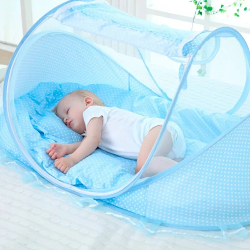BABY MOSQUITO NETTING FOLDING CRIB BEDDING WITH MATTRESS & PILLOW, TRAVEL BED SUPPLIES FOR BABY (0-3 YEARS OLD)