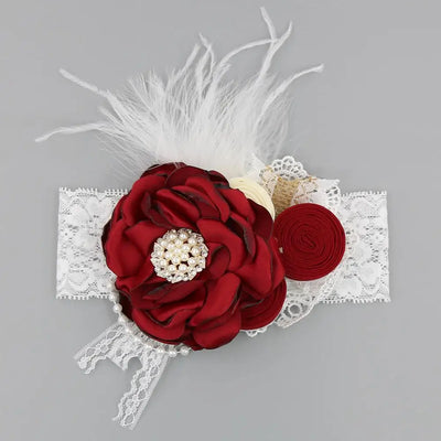 Vintage Flower Headband Baby Girls Headwraps Newborn Photography Props Gifts Lace Elastic Hair Bands Pearl Feather Accessories