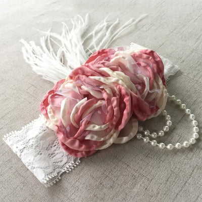 Vintage Flower Headband Baby Girls Headwraps Newborn Photography Props Gifts Lace Elastic Hair Bands Pearl Feather Accessories