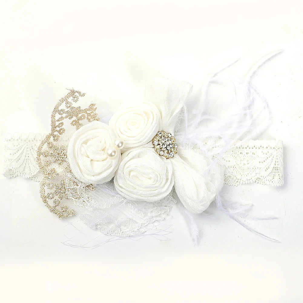 Vintage Flower Headband Baby Girls Headwraps Newborn Photography Props Gifts Lace Elastic Hair Bands Pearl Feather Accessories