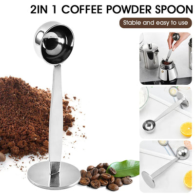 Coffee Scoop 2 In 1 Stainless Steel Coffee Spoon Coffee Tamper for Measuring Grinding Coffee Beans Standing Soop for Home Office