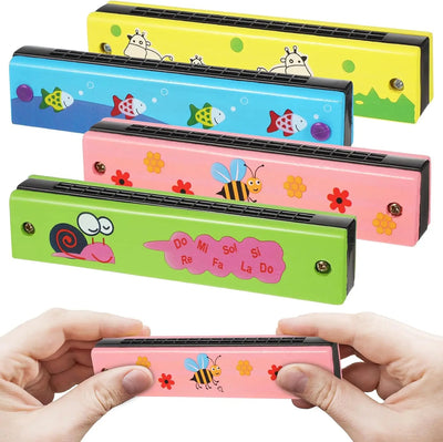 2pcs Wooden Harmonica Toy 16 Holes Cartoon Musical Instrument Toy Gift for Kids Birthday Toddler Party Favor Children Goodie Bag