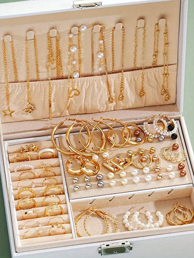 86pcs/Set Elegant Earrings Multi-Layered Necklace Ear Studs Rings 4-In-1 Faux Pearl Jewelry Set For Women Gift (No Box) New