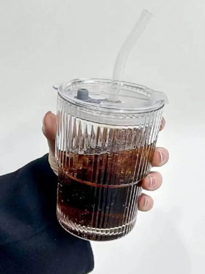 1pc, Vertical Striped Glass Cup, Iced Coffee Cup, Vintage Transparent Water Tea Milk Juice Mugs Cup, Wine Glasses For Cocktail,
