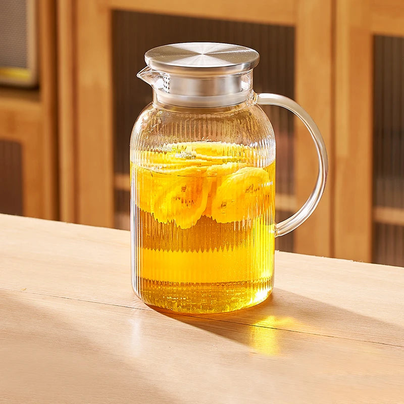 1.6L Heat Resistant Glass Cold Water Kettle And Cups Transparent Stripe Coffee Teaware Stainless Steel Lid Jug Kitchen Accessory