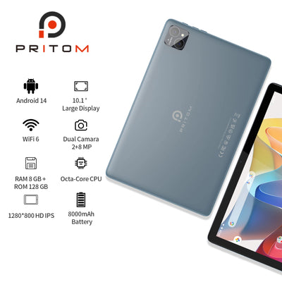 New! PRITOM TAB11 Android 14 Tablet 10 Inch, 8GB(4+4 Expand) RAM + 128GB ROM, Octa Core, 5G WiFi, with Keyboard, Mouse, Case