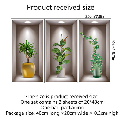 3Pcs/Set Fake Green Plants Potted Plant 3D Wall Stickers Living Room Study Office Waterproof Vinyl Decor Self Adhesive Decals