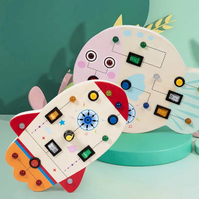 Montessori Busy Board Wooden Sensory Toys LED Light Switch Control Board Animal Educational Children Travel Toys 2-4 Years Old