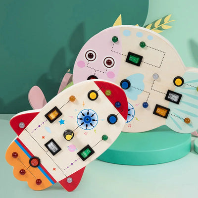 Montessori Busy Board Wooden Sensory Toys LED Light Switch Control Board Animal Educational Children Travel Toys 2-4 Years Old
