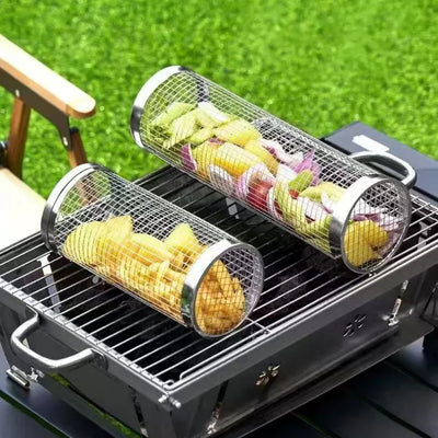 30*9.5*9.5cm Stainless Steel BBQ Basket Outdoor Rotary Wire Mesh Grill Camping Barbecue Cookware For Meat Fish Vegetables