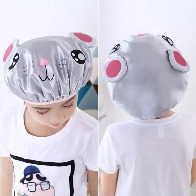 Children's Cartoon Shower Cap Double-layer Waterproof Material Cute Frog Print Satin Washing Cap Bath Cap Head Cover Shower Cap