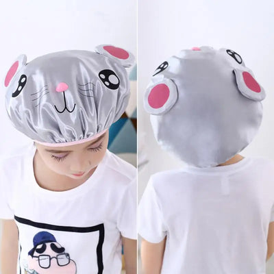 Children's Cartoon Shower Cap Double-layer Waterproof Material Cute Frog Print Satin Washing Cap Bath Cap Head Cover Shower Cap