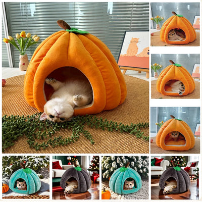 3D PUMPKIN PET HOUSE – SEMI-ENCLOSED WINTER CAT HOUSE WITH REMOVABLE BOTTOM, NON-SLIP BASE & WASHABLE SOFT PP COTTON MAT