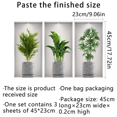 3Pcs/Set Fake Green Plants Potted Plant 3D Wall Stickers Living Room Study Office Waterproof Vinyl Decor Self Adhesive Decals