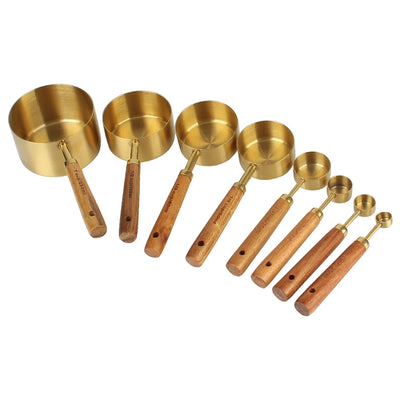 8Pcs Kitchen Gadget Measuring Spoon Set Coffee Bartending Scale Kitchen Accessories Stainless Steel Wooden Handle Measuring Cups