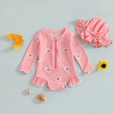 Toddler Baby Girl Swimsuit Floral Rash Guard with Hat Set Long Sleeve Zipper Bathing Suit Swimwear