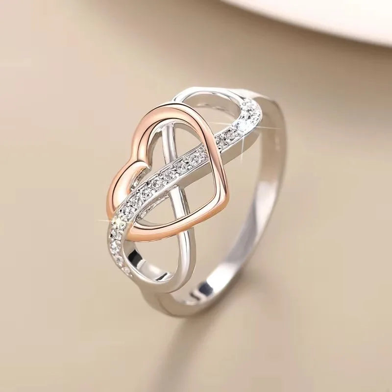 Huitan Unique Infinity Sign and Heart Designed Rings for Women Trendy Love Shiny Finger Accessory Chic Two-tone Wedding Jewelry
