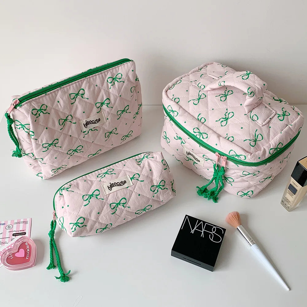 Green Pink Contrasting Bow Makeup Bag Large Capacity Portable Travel Toiletry Bag Storage Bag