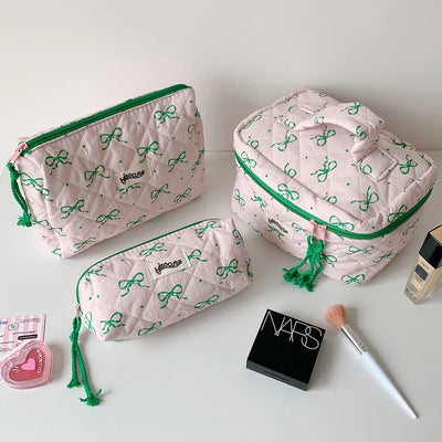 Green Pink Contrasting Bow Makeup Bag Large Capacity Portable Travel Toiletry Bag Storage Bag