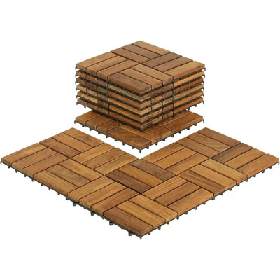 Solid Teak Wood Interlocking Flooring Tiles (Pack of 10), 12" x 12", Brown, 8 Corner Piece