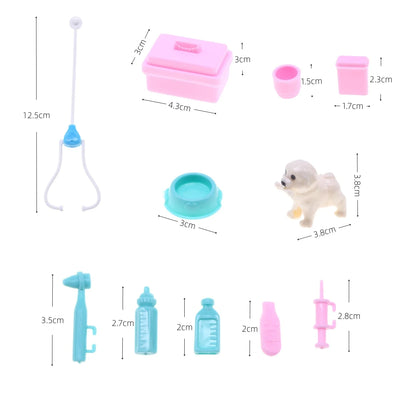 11PCS MINIATURE DOLLHOUSE PET CARE SET – DOG HOUSE, MEDICAL TOOLS & ACCESSORIES – DIY TOY GIFT FOR BARBIE & KIDS
