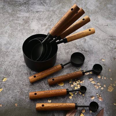4/8Pcs Black Wooden Handle Stainless Steel Measuring Cups Spoons Baking Tools Coffee Bartending Scale Kitchen Accessories Set